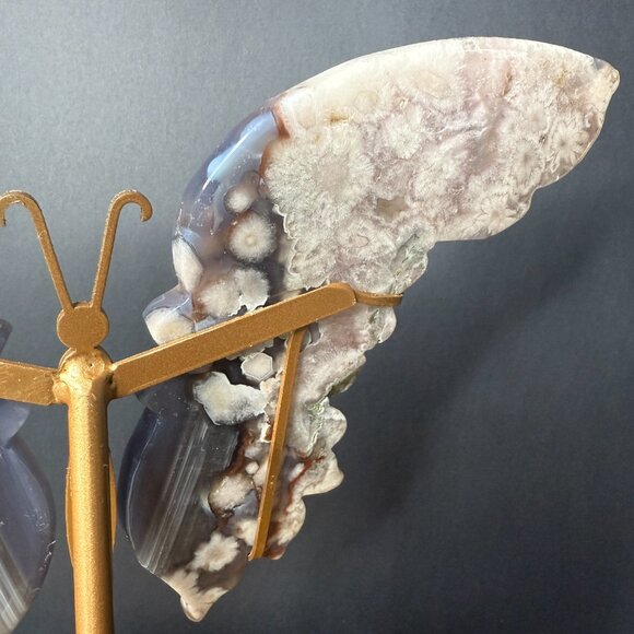 Black Agate Flower Butterfly Wings Pink Banding Natural Stone - Picture 8 of 8